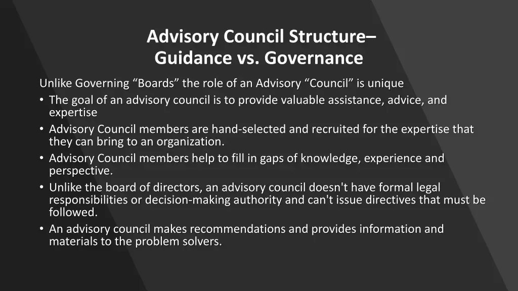 advisory council structure guidance vs governance