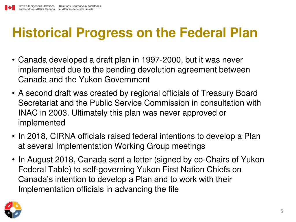 historical progress on the federal plan