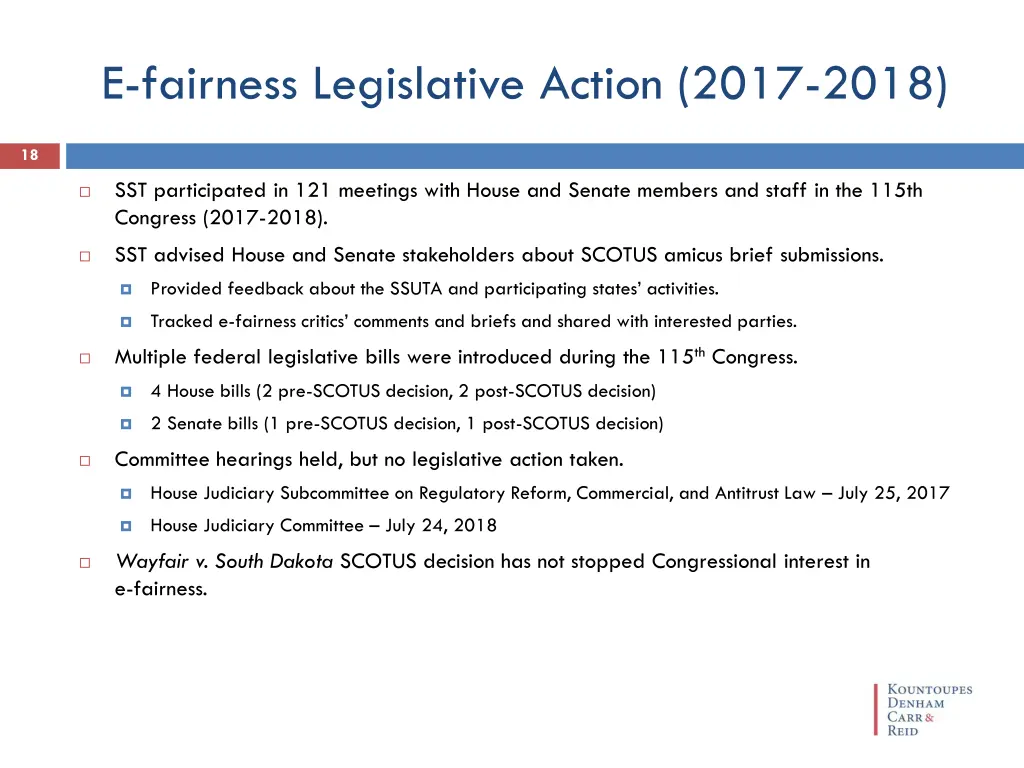 e fairness legislative action 2017 2018