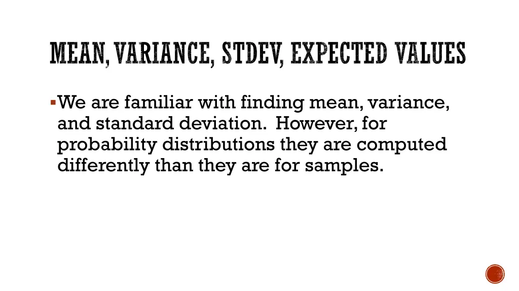 mean variance stdev expected values