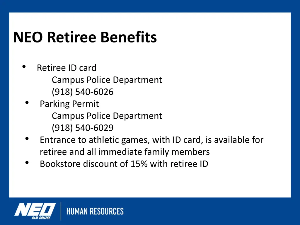 neo retiree benefits