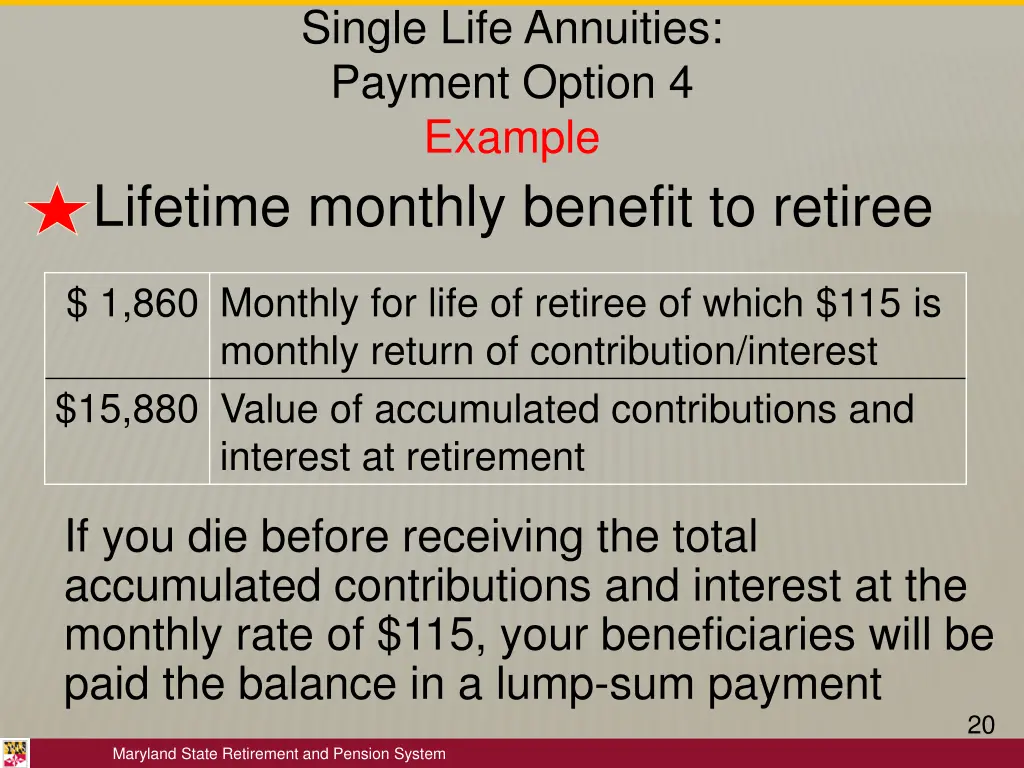 single life annuities payment option 4 example