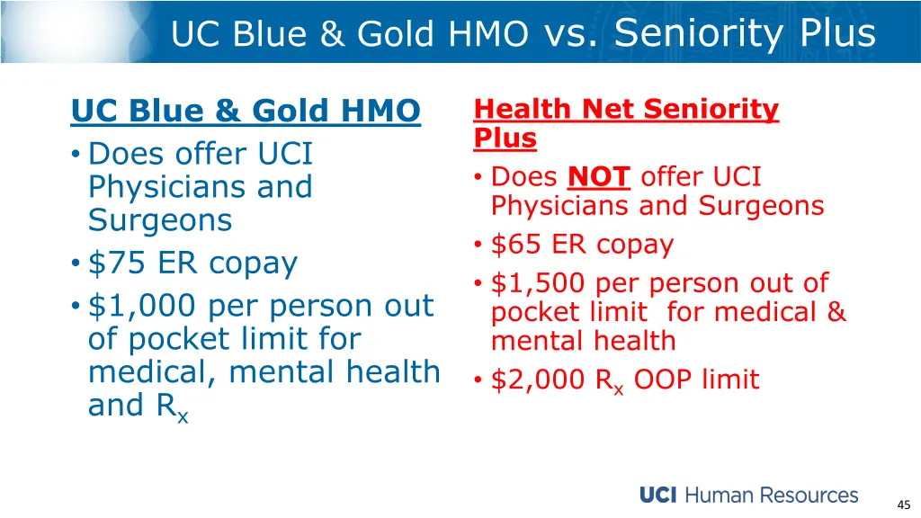 uc blue gold hmo vs seniority plus