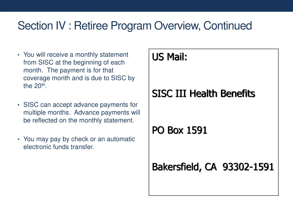 section iv retiree program overview continued