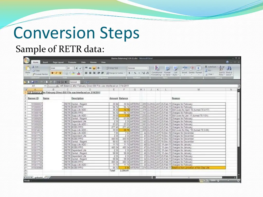 conversion steps sample of retr data