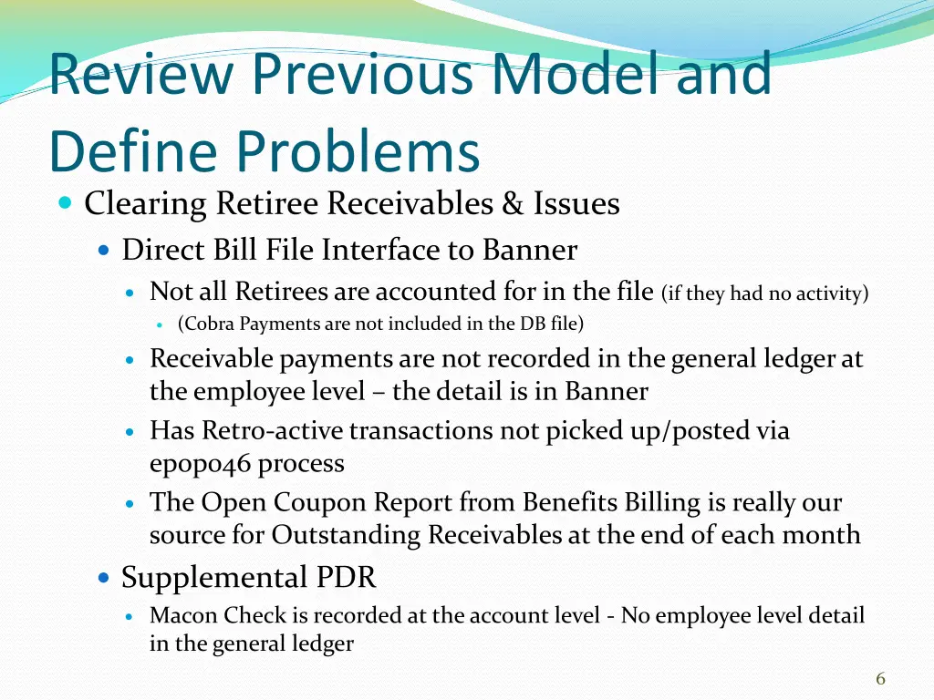 review previous model and define problems 1