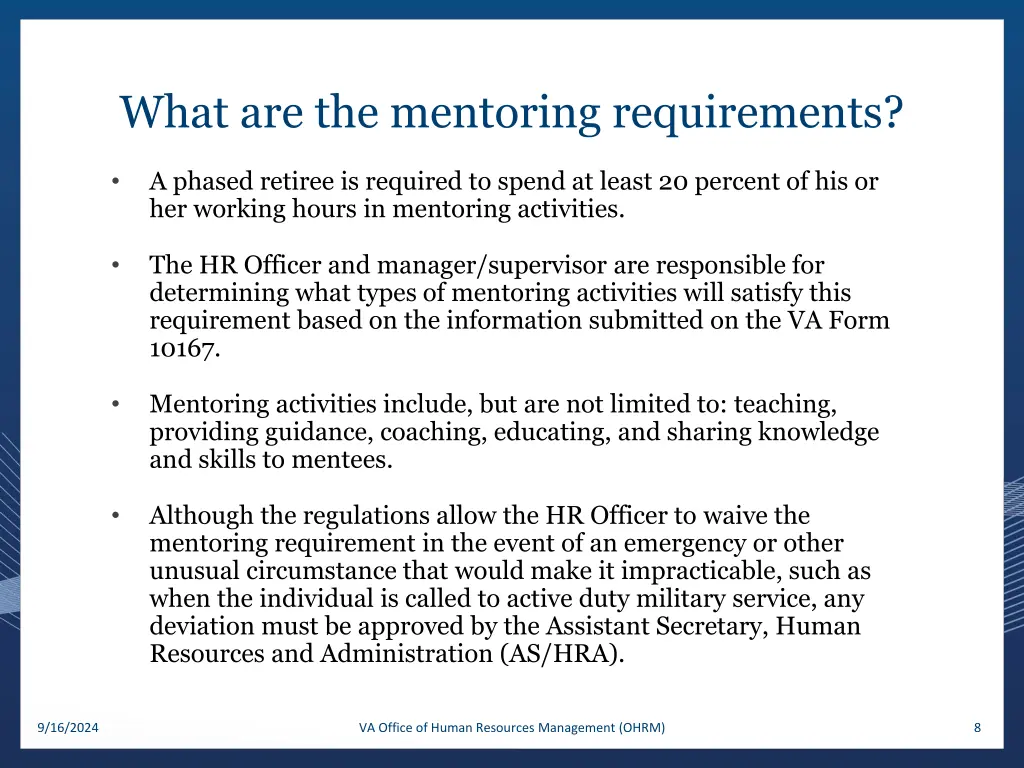 what are the mentoring requirements