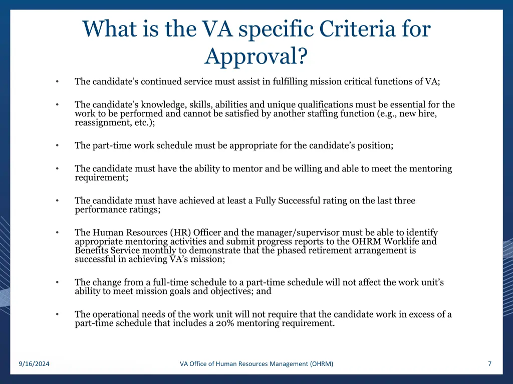 what is the va specific criteria for approval