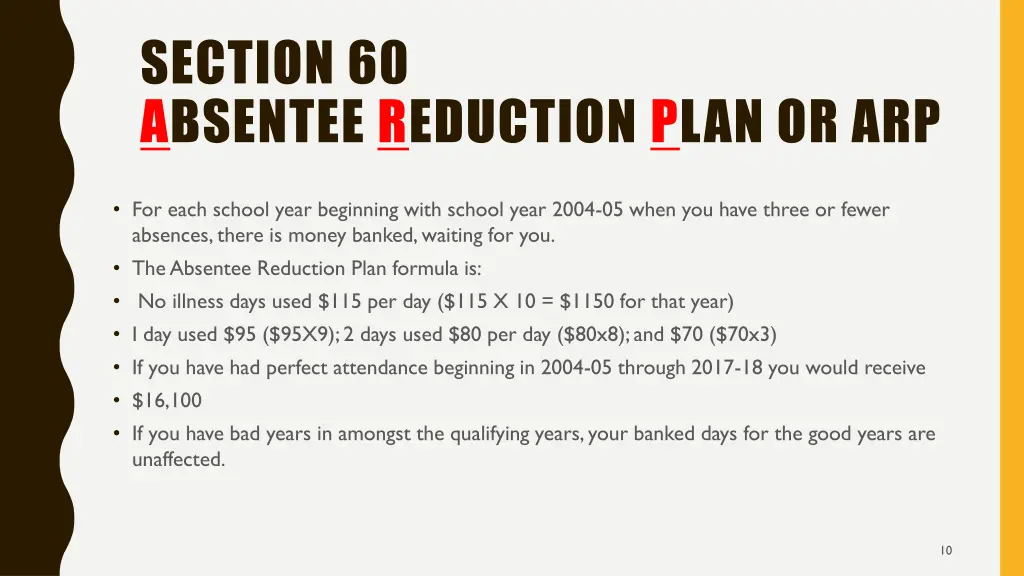 section 60 absentee reduction plan or arp