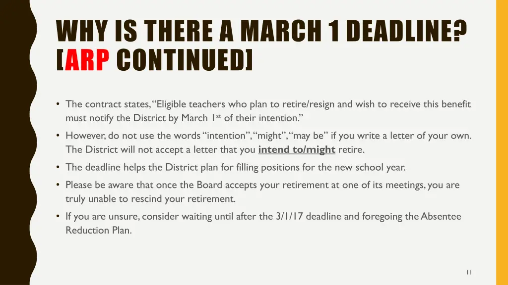 why is there a march 1 deadline arp continued