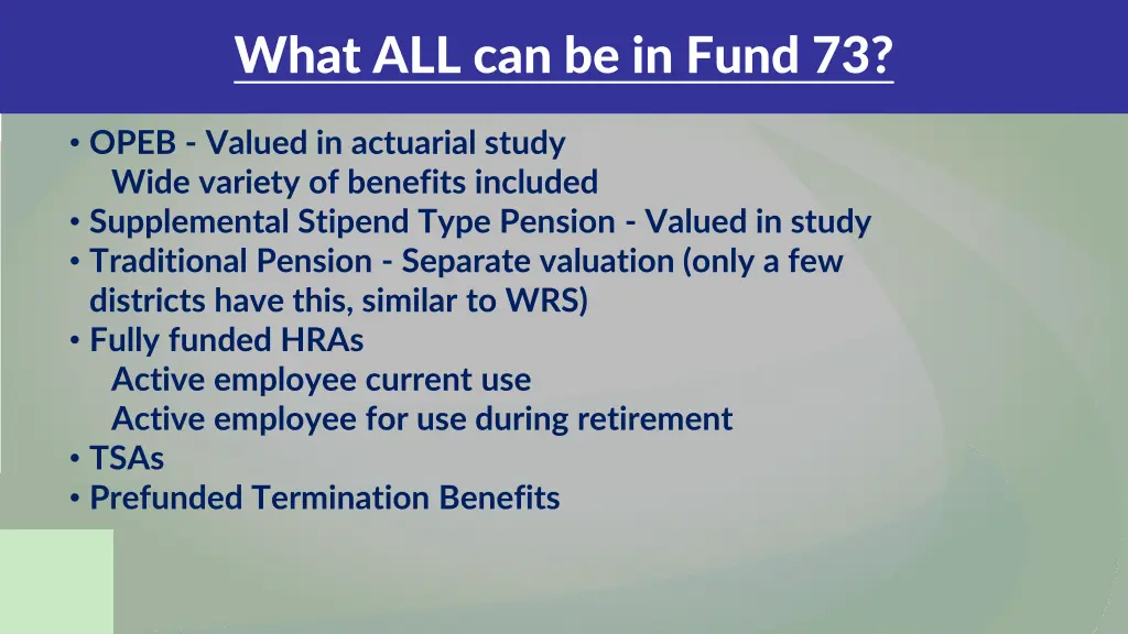 what all can be in fund 73