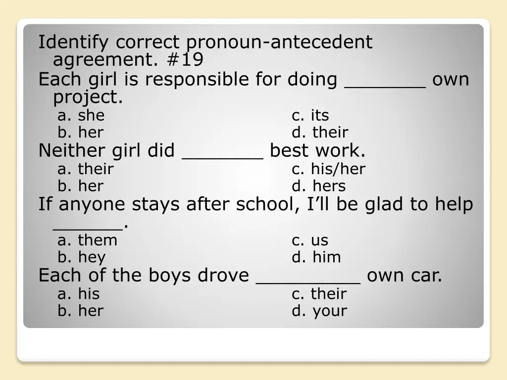 identify correct pronoun antecedent agreement 1