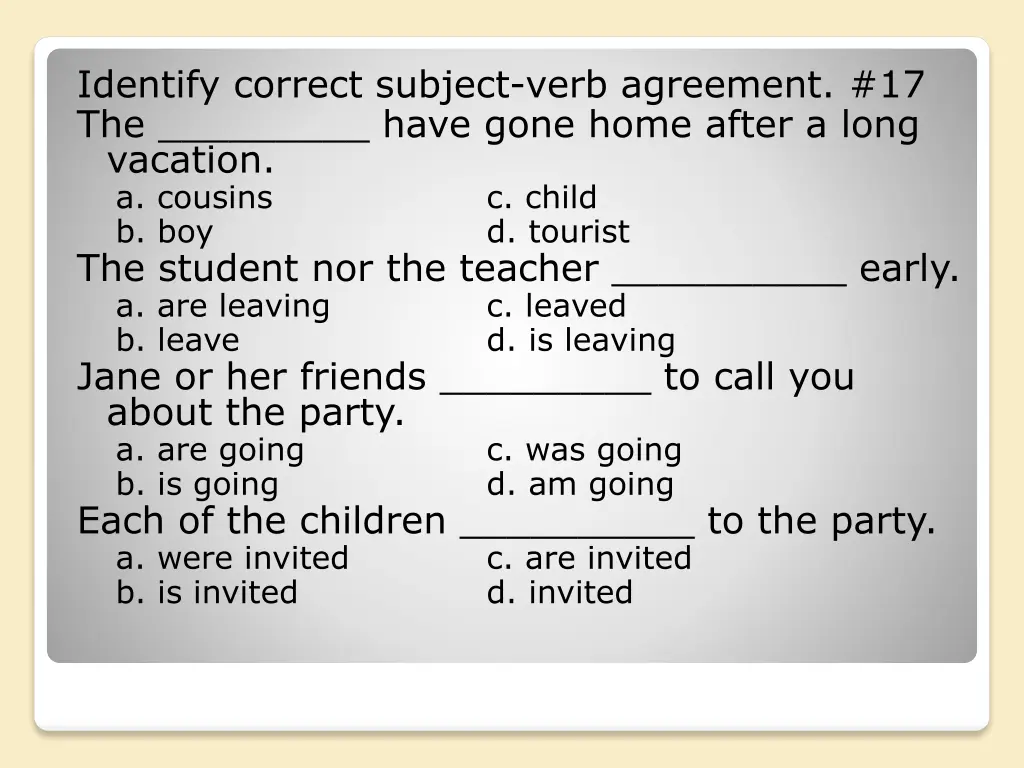 identify correct subject verb agreement 2