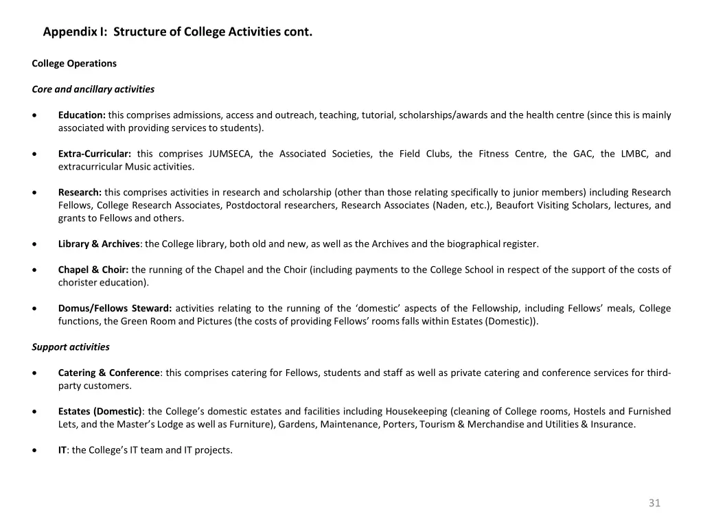 appendix i structure of college activities cont