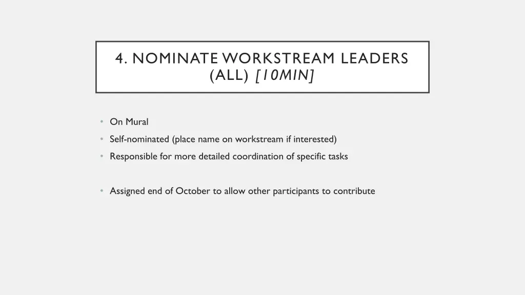 4 nominate workstream leaders all 10min