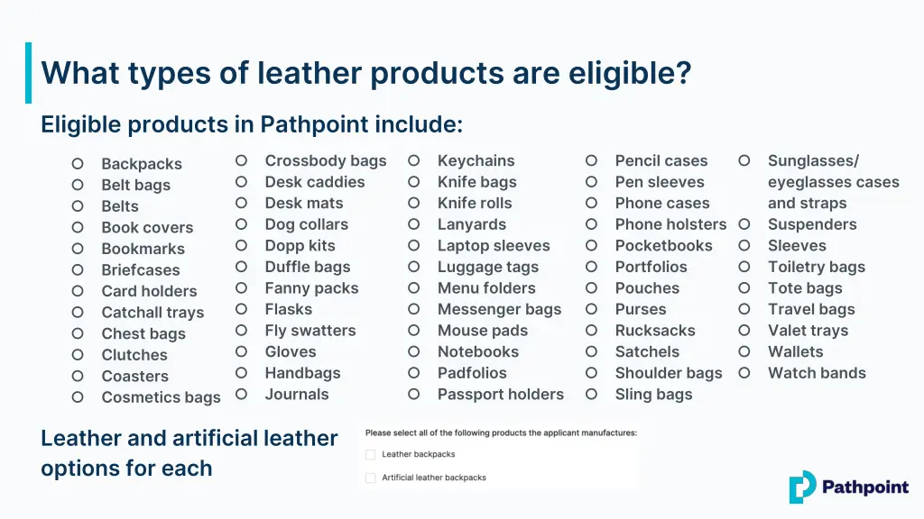 what types of leather products are eligible 1