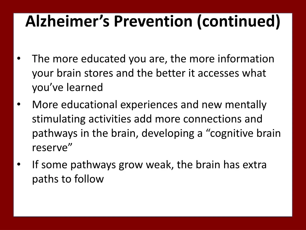 alzheimer s prevention continued