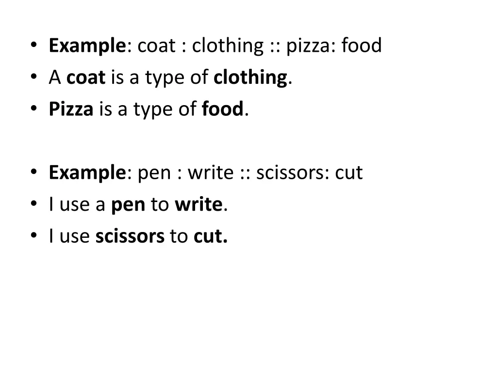 example coat clothing pizza food a coat is a type