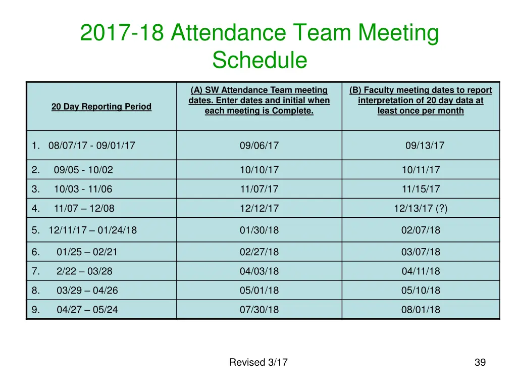 2017 18 attendance team meeting schedule