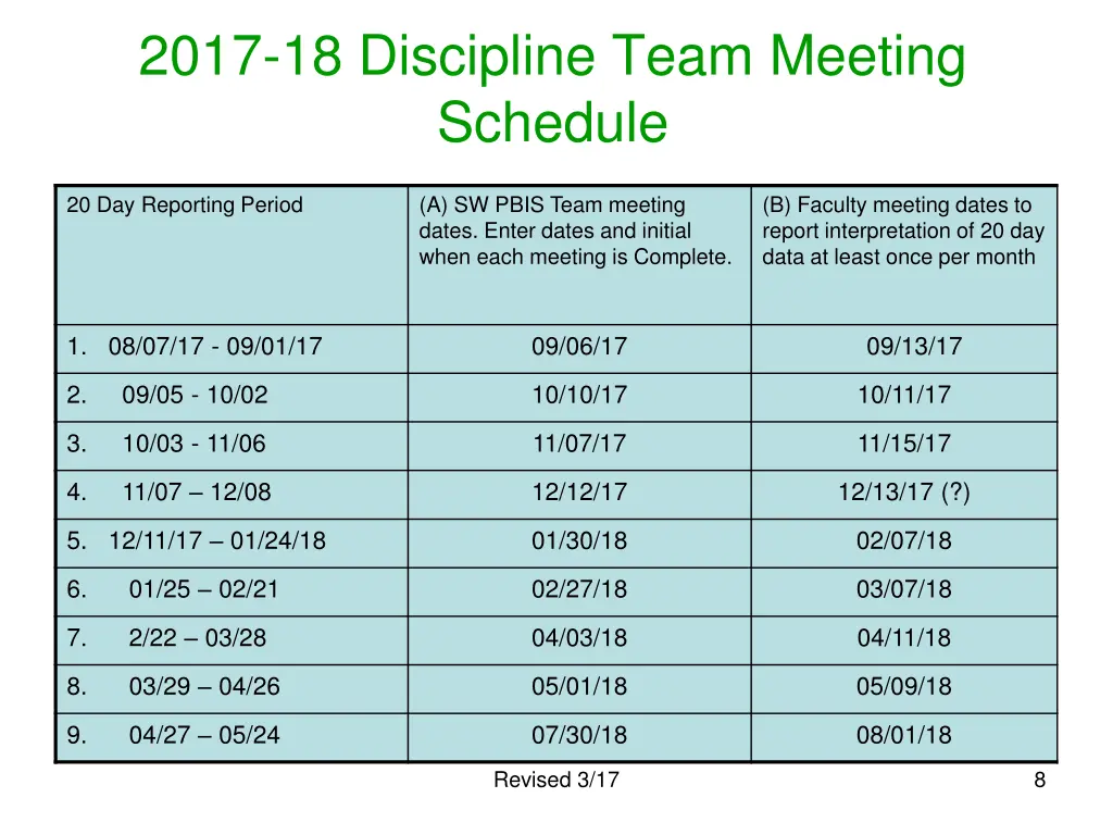 2017 18 discipline team meeting schedule