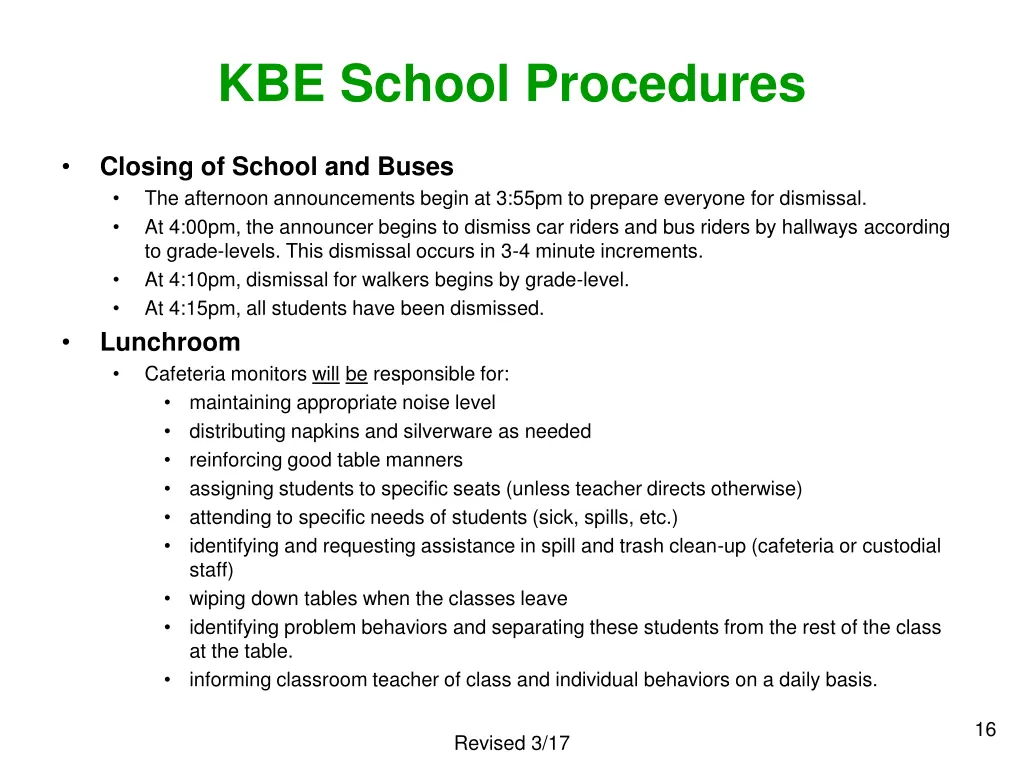 kbe school procedures closing of school and buses