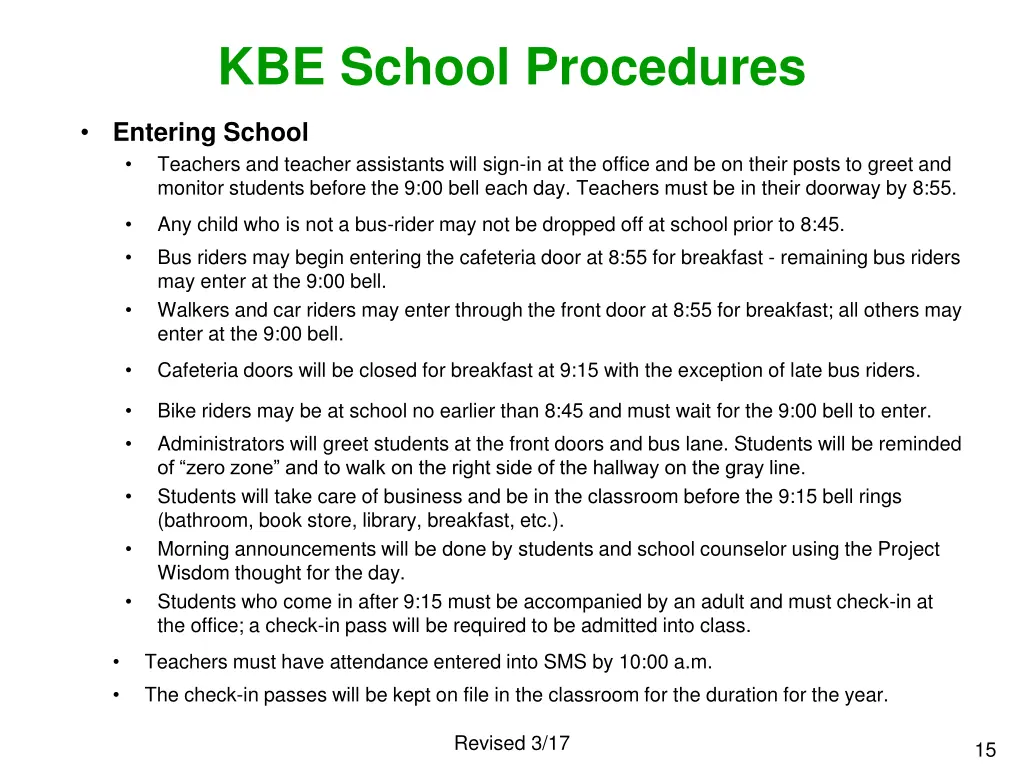 kbe school procedures entering school teachers