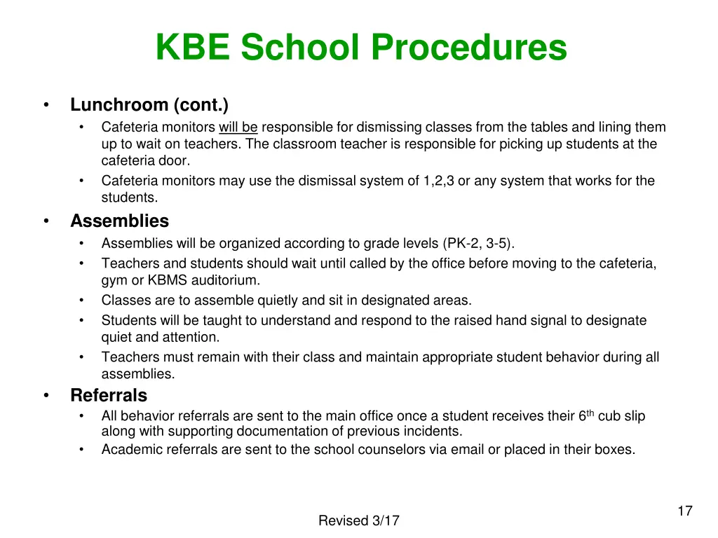 kbe school procedures lunchroom cont cafeteria