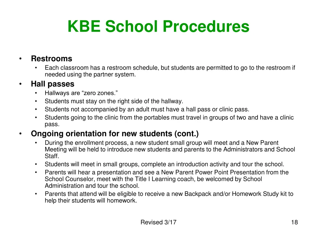 kbe school procedures restrooms each classroom