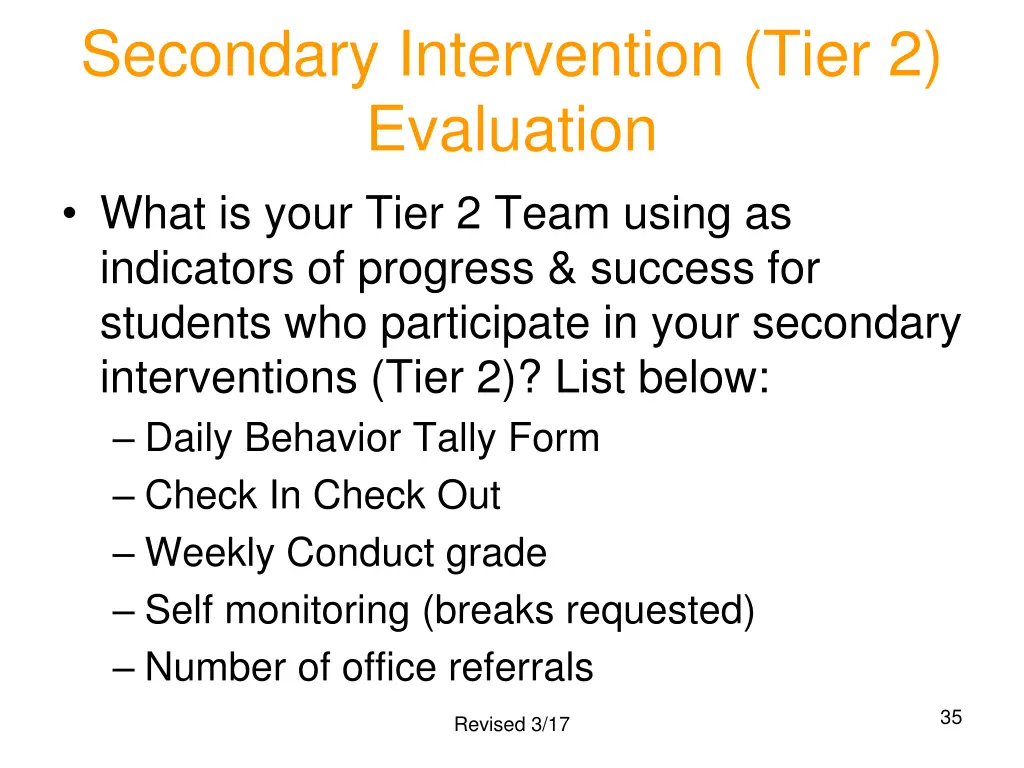 secondary intervention tier 2 evaluation what