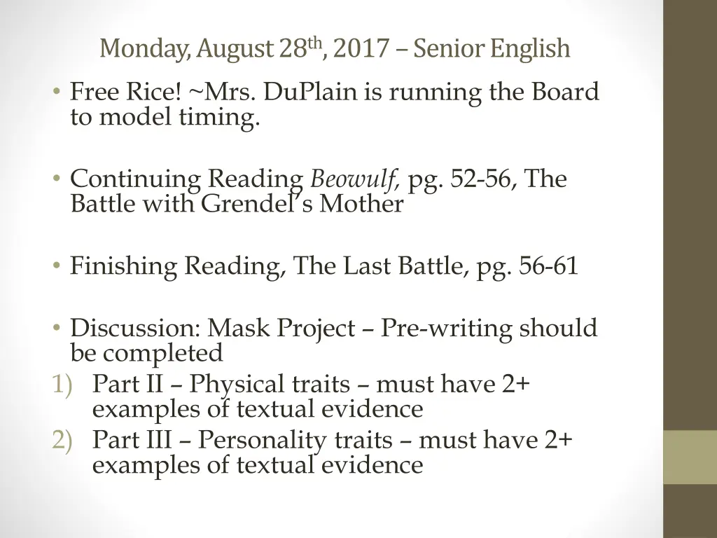 monday august 28 th 2017 senior english free rice