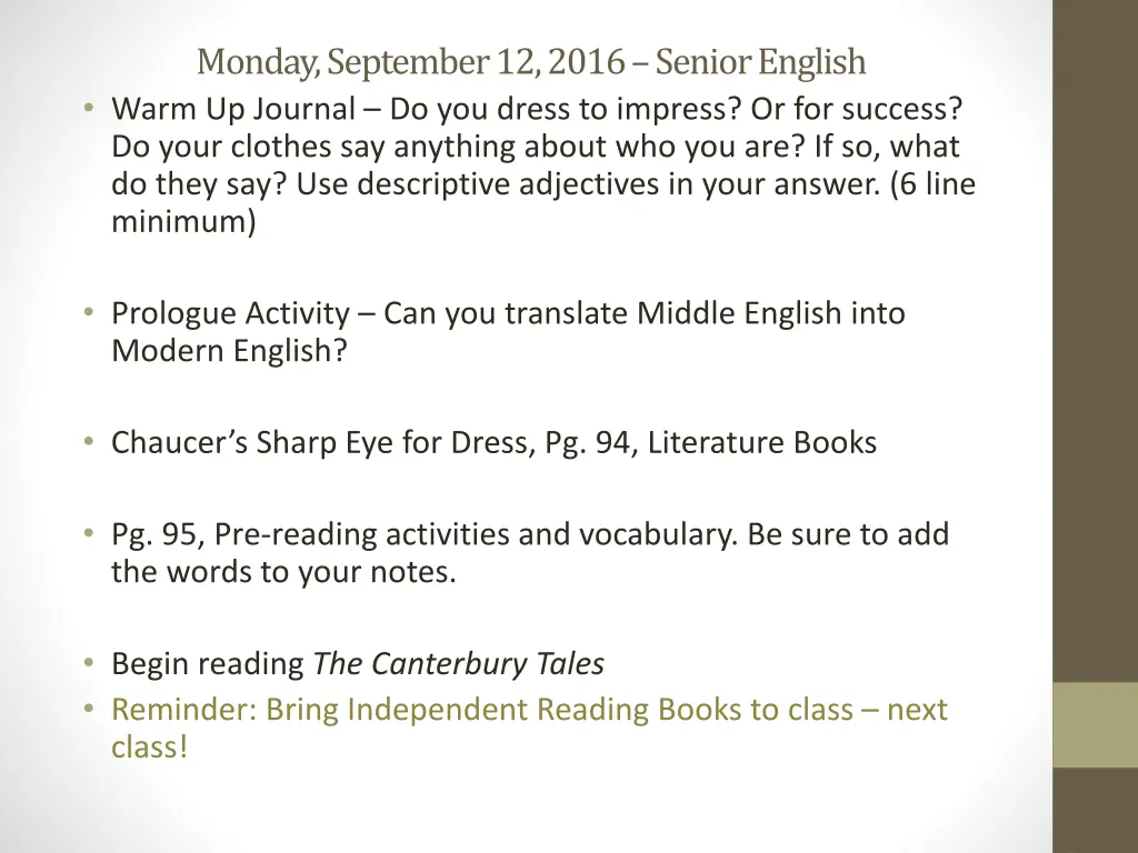 monday september 12 2016 senior english warm