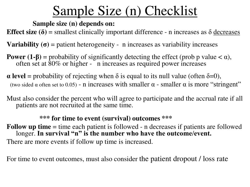 sample size n checklist sample size n depends