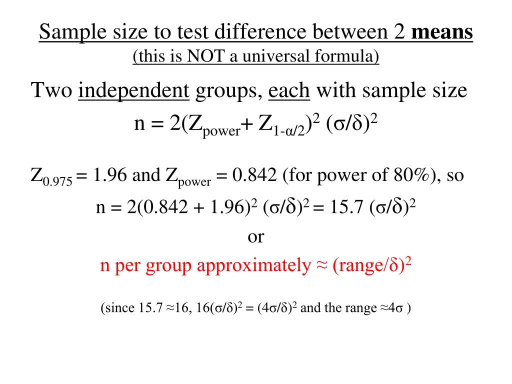 sample size to test difference between 2 means