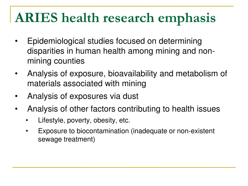 aries health research emphasis