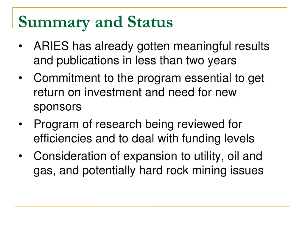 summary and status