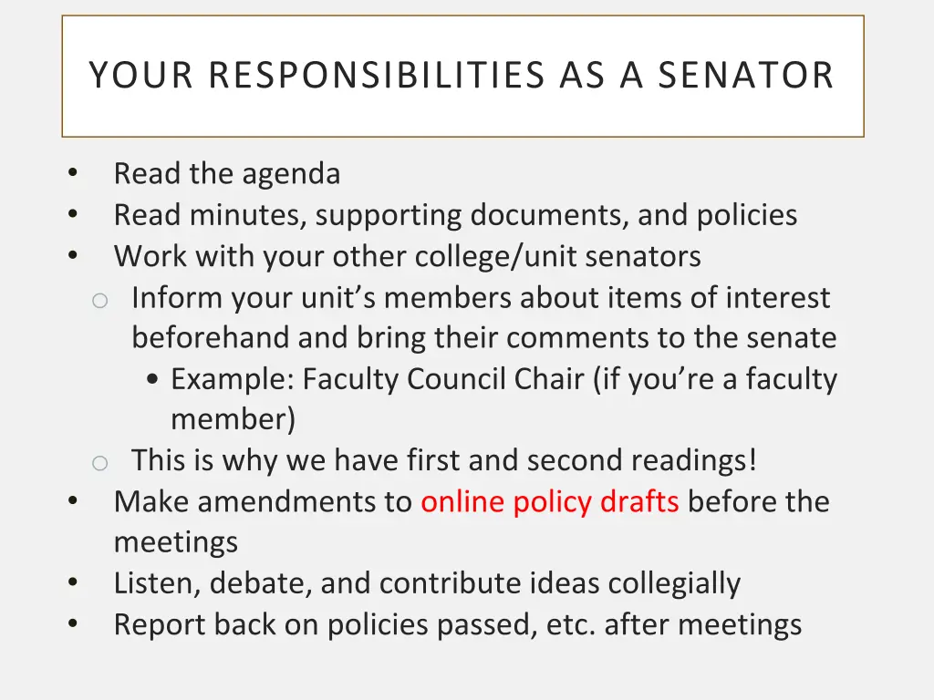 your responsibilities as a senator