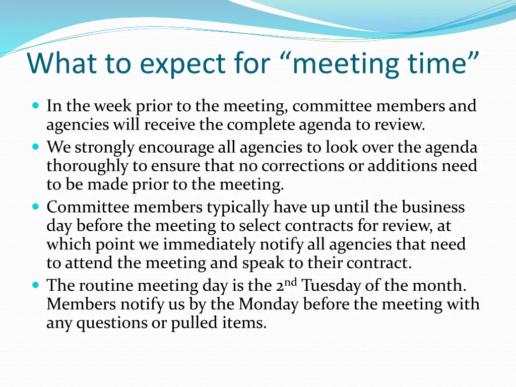 what to expect for meeting time