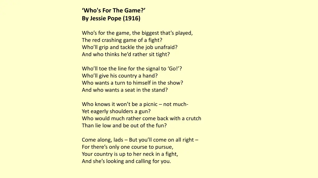 who s for the game by jessie pope 1916