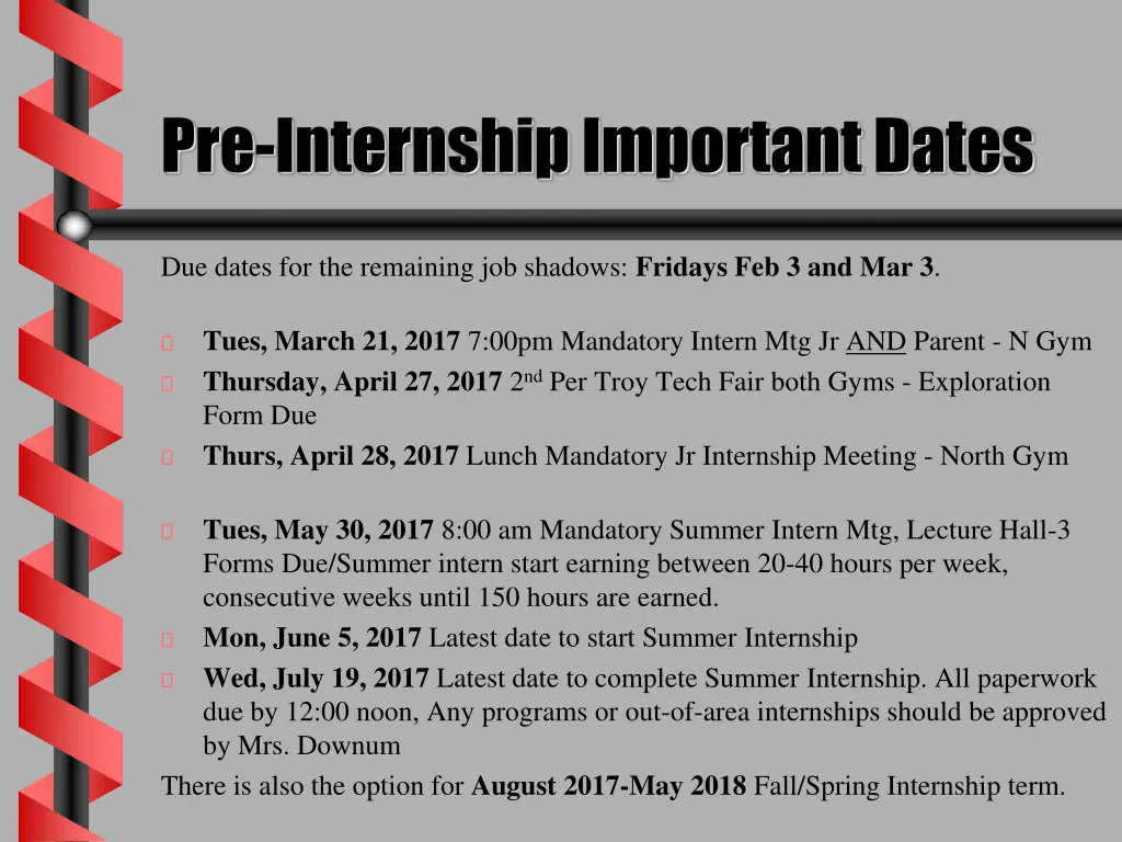 pre internship important dates