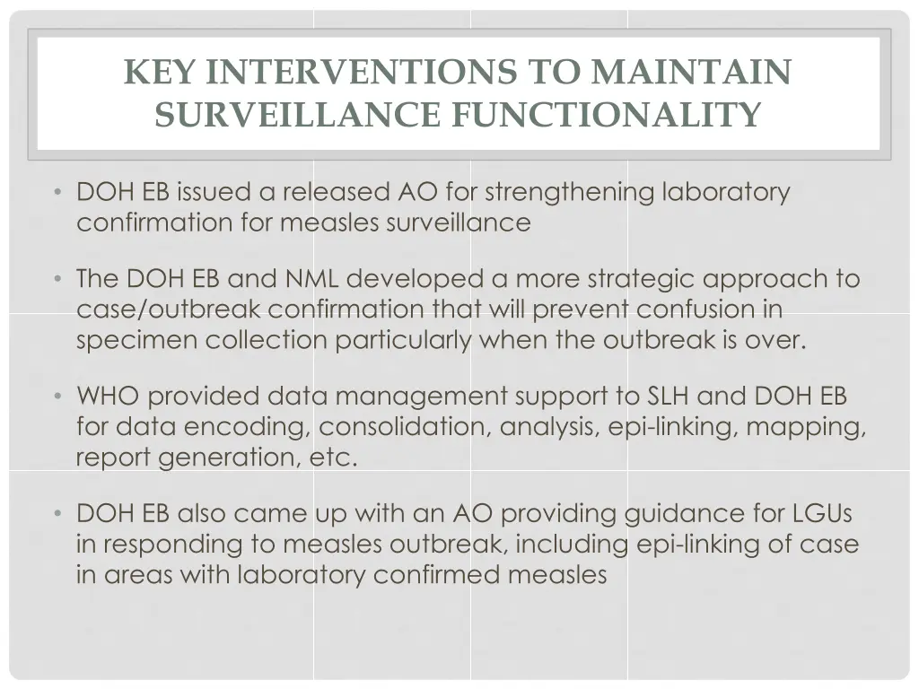 key interventions to maintain surveillance 1