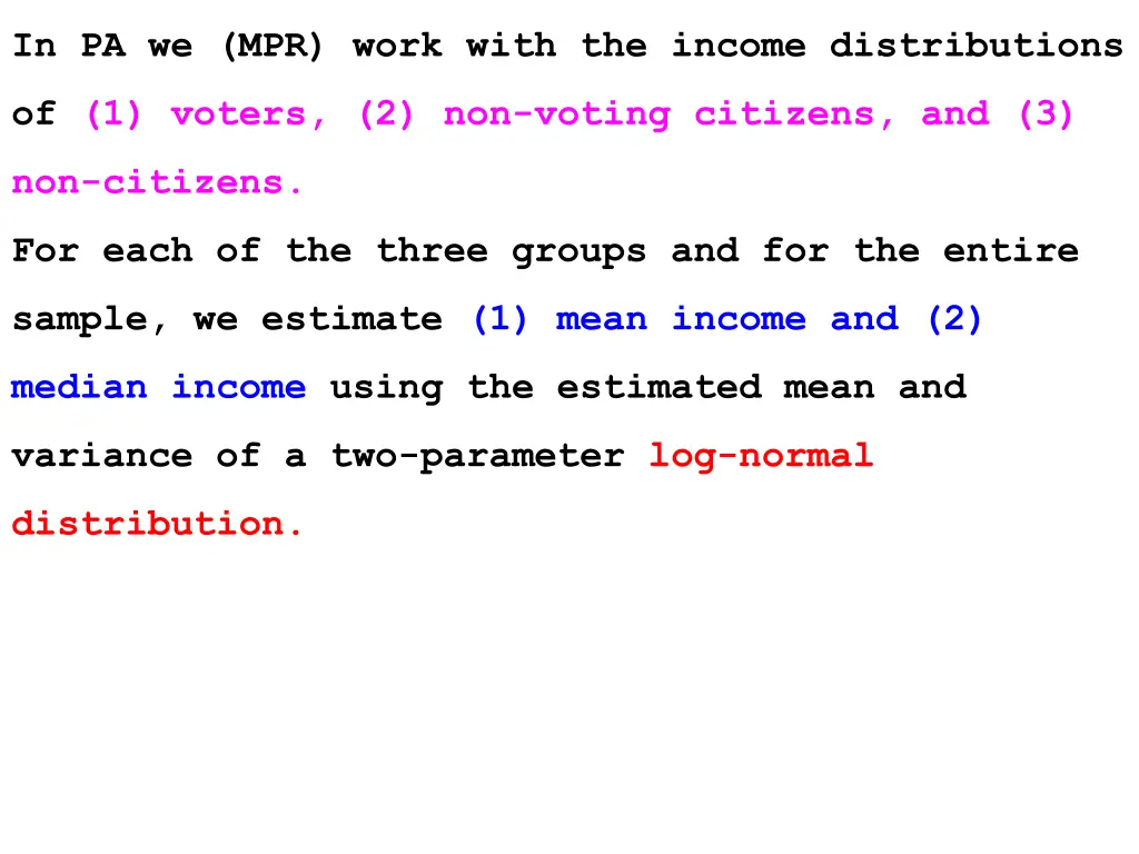 in pa we mpr work with the income distributions