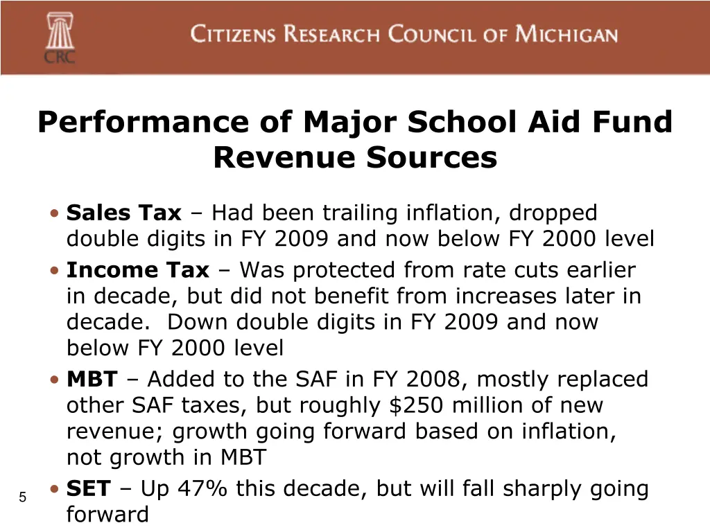 performance of major school aid fund revenue