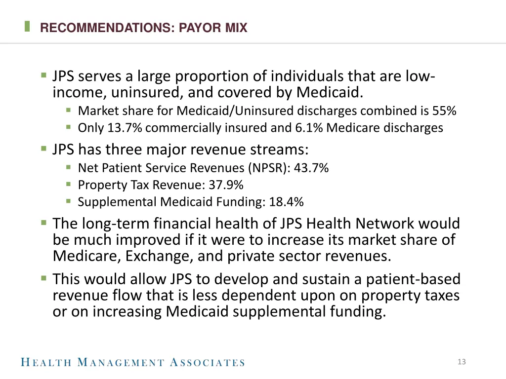 recommendations payor mix