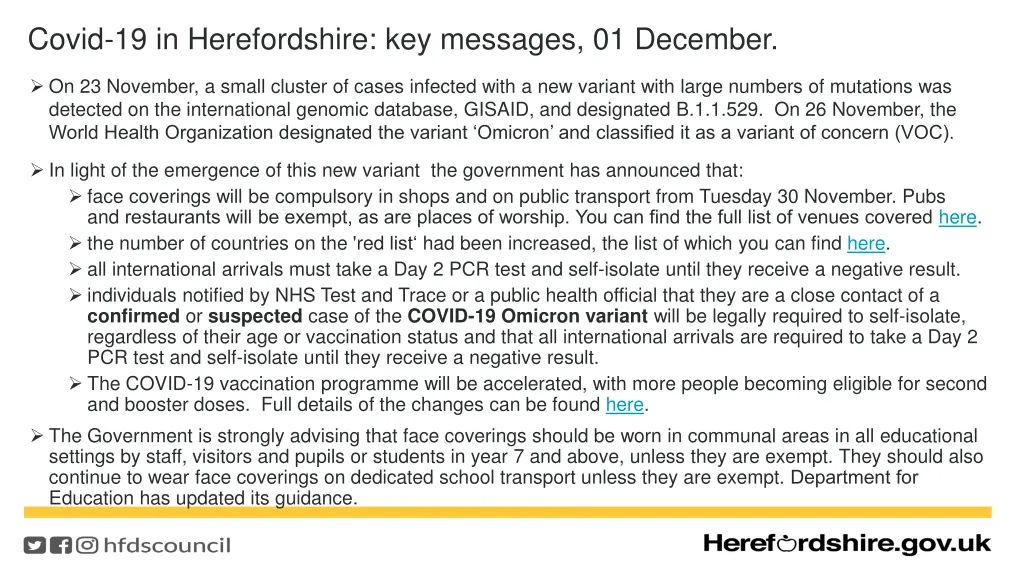 covid 19 in herefordshire key messages 01 december