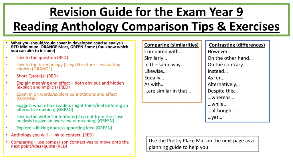 revision guide for the exam year 9 reading 1