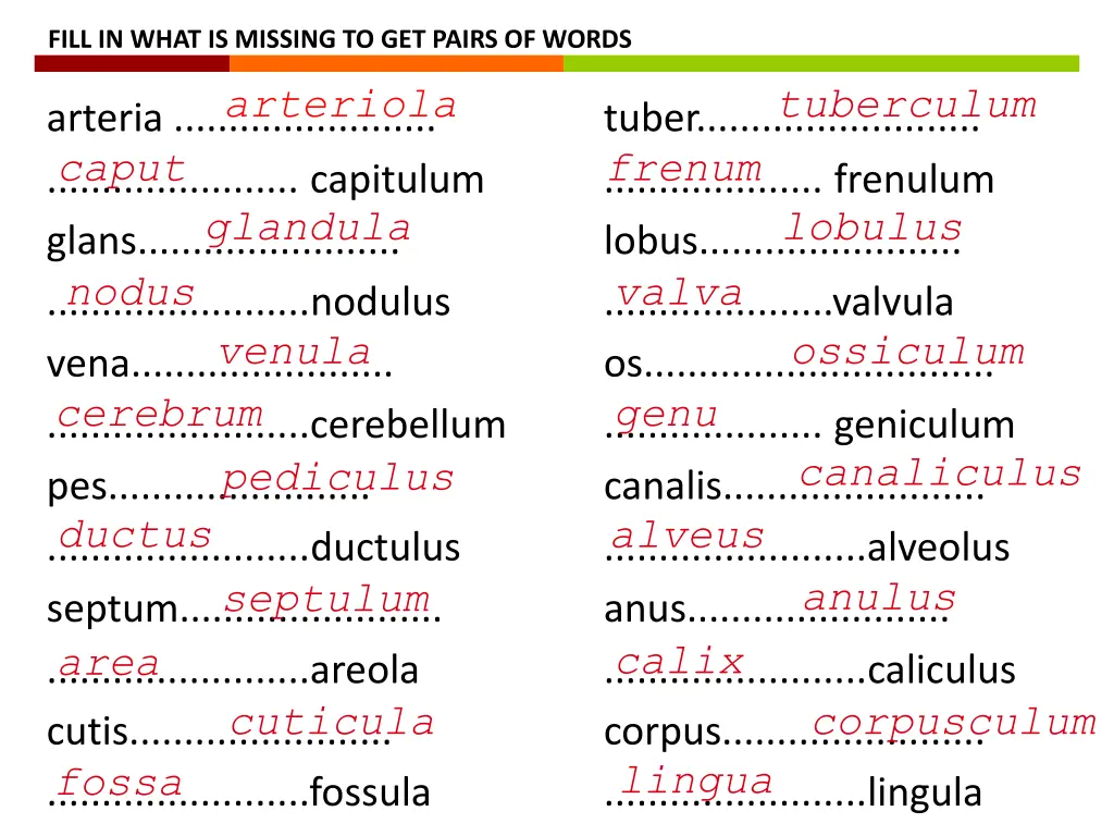 fill in what is missing to get pairs of words