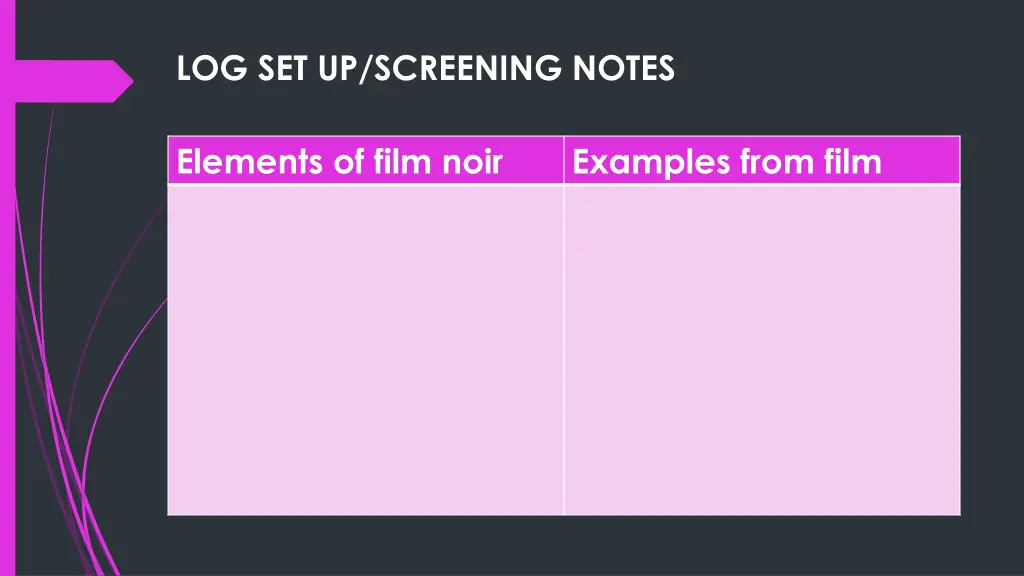 log set up screening notes