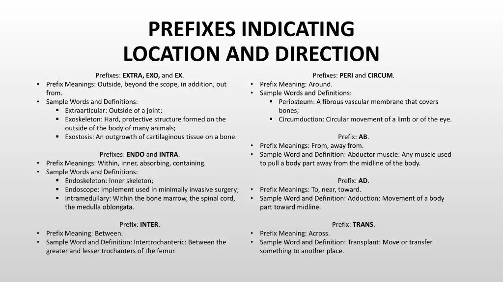 prefixes indicating location and direction