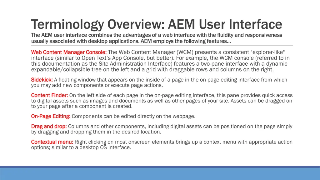 terminology overview aem user interface