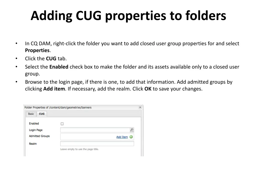 adding cug properties to folders